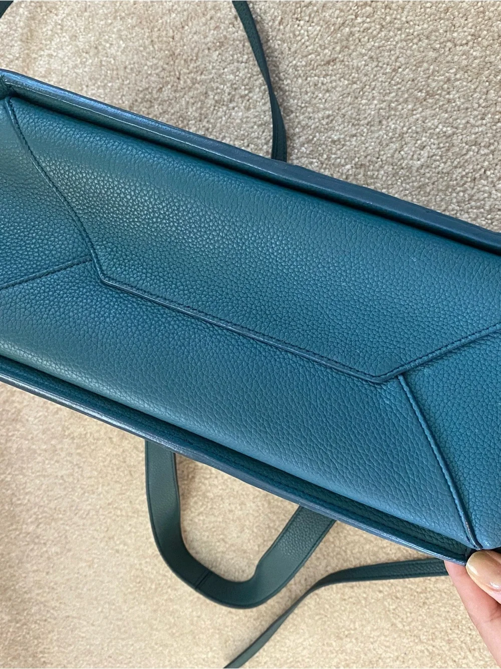 Celine Teal Blue Pebbled Leather Medium Trifold Tote